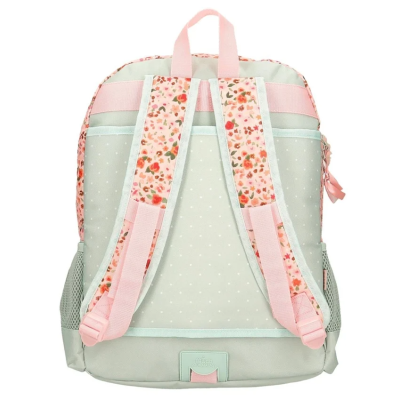 Mochila verde água com alças cor-de-rosa floridas vista de trás