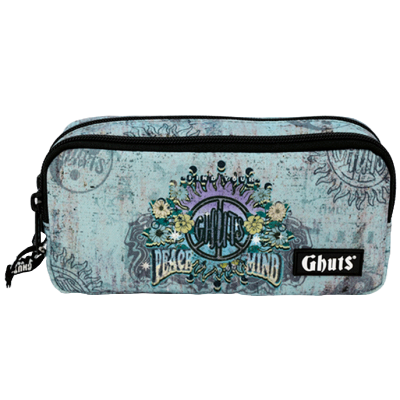 Estojo azul com padrão floral e texto decorativo da marca Ghuts