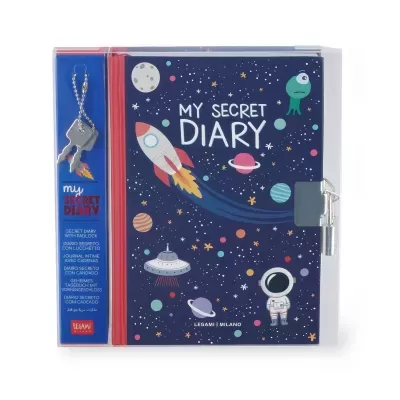 Diário secreto azul com desenhos espaciais e cadeado prateado