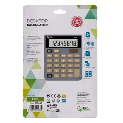 Calculadora de secretária cinza e bege em embalagem branca com padrão geométrico colorido