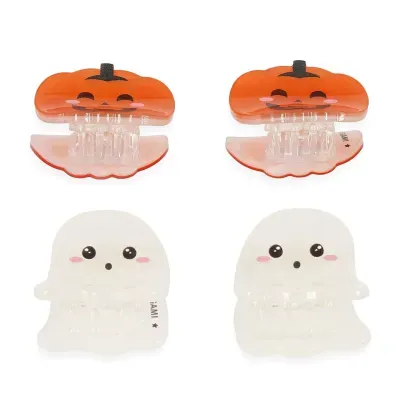 Quatro ganchos de cabelo plásticos Halloween com abóboras e fantasmas sorridentes.