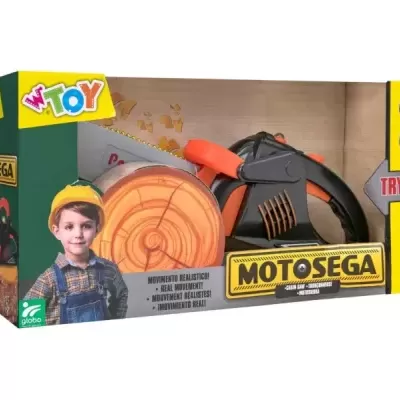 Brinquedo motosega preta e laranja em embalagem com texto e imagem de criança com capacete