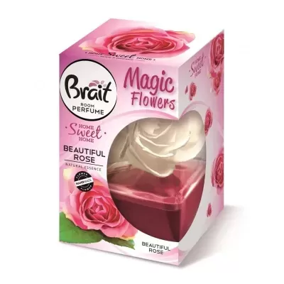 Perfume de ambiente Brait Magic Flowers com rosa branca dentro da embalagem rosa