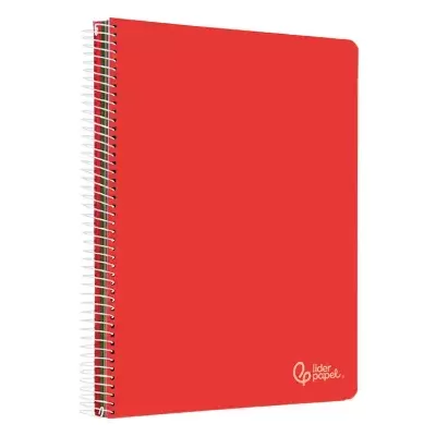 Caderno espiral vermelho com capa dura e texto líder papel