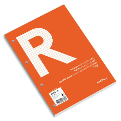 recarga folhas soltas A4 quadrícula 100 folhas capa laranja letra R