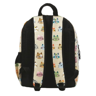 Mochila bege com padrão de gatos coloridos e alças pretas