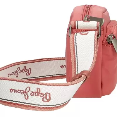 Bolsa rosa com alça branca e rosa com texto Pepe Jeans