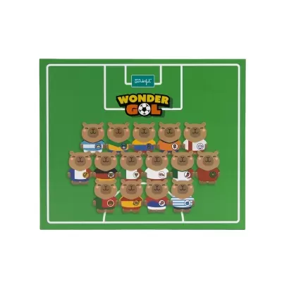 Cartaz verde com ursos ilustrados vestidos como equipa de futebol e texto Wonder Gol.