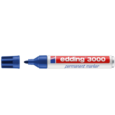 Marcador permanente azul edding 3000 com tampa removida