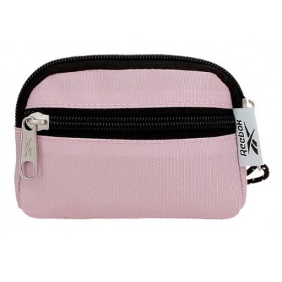 Estojo ou bolsa pequena rosa claro com fecho preto e etiqueta REEBOK