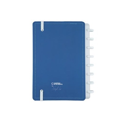 Caderno azul com capa sintética e argolas brancas