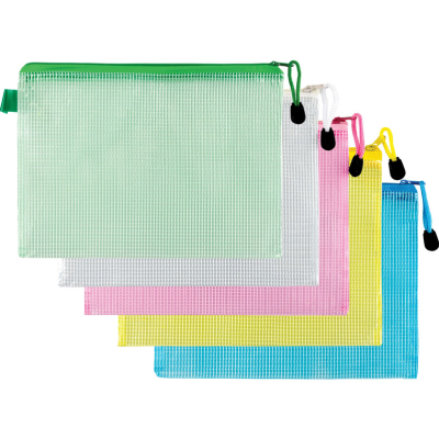 Cinco bolsas organizadoras transparentes com fechos coloridos em verde, branco, rosa, amarelo e azul.