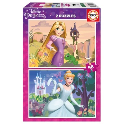 Caixa de puzzle Disney Princess com duas imagens, 48 peças, Rapunzel e Cinderela