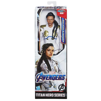 Boneca Marvel Avengers Valkyrie em caixa com design branco, dourado e azul