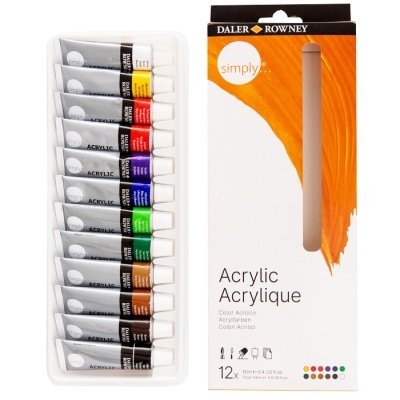 Conjunto de 12 tubos de tinta acrílica Daler Rowney em embalagem branca e laranja