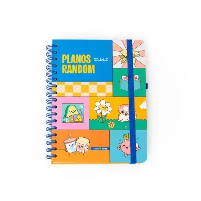 Caderno colorido PLANOS RANDOM com elástico azul e ilustrações animadas