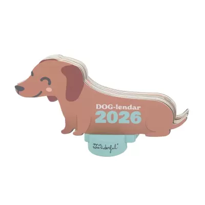 Calendário de mesa em forma de cão cor de caramelo com texto DOG-lendar 2026