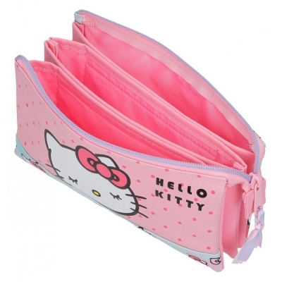 Estojo cor-de-rosa Hello Kitty com padrão de bolinhas e fecho lilás aberto mostrando interior rosa