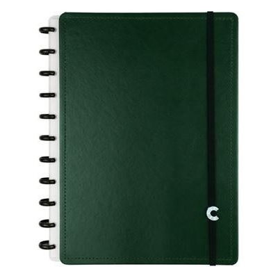 Caderno verde escuro com elástico preto e argolas pretas
