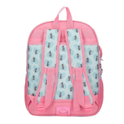 Mochila infantil rosa e azul claro com padrão de bonecos nas alças