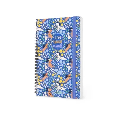 Caderno azul com padrão de cães e flores e texto Live Laugh Woof