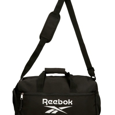 Mala desportiva preta Reebok com alça de ombro e bolso frontal