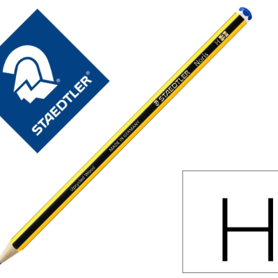 Lápis Staedtler amarelo e preto com ponta azul e texto STAEDTLER NORIS 120 H GERMANY