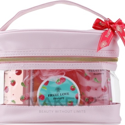 Conjunto de produtos de beleza em bolsa rosa transparente com laço vermelho