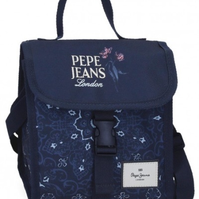 Mochila azul escura Pepe Jeans London com padrão floral e etiquetas visíveis