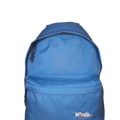 Mochila azul com fechos pretos e logótipo Mac One