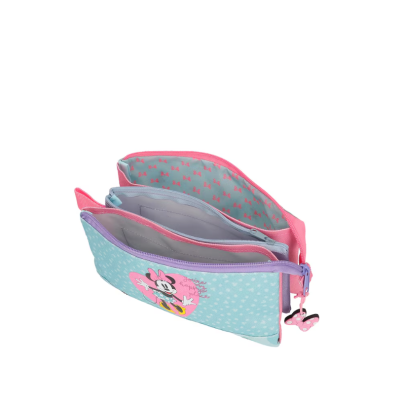 Necessaire azul claro com padrão de pontos brancos e imagem da Minnie Mouse com fechos em forma de laços cor-de-rosa