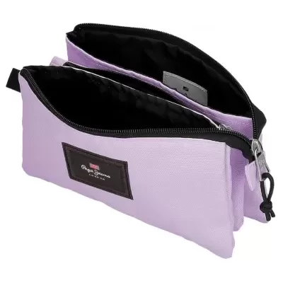Estojo escolar lilás com dois compartimentos e fechos de correr pretos.