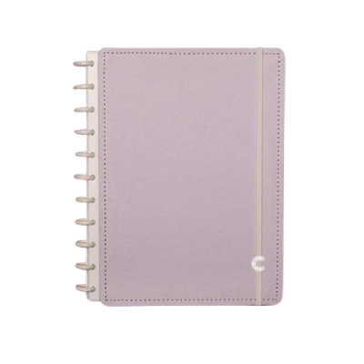 Caderno lilás com argolas e elástico creme