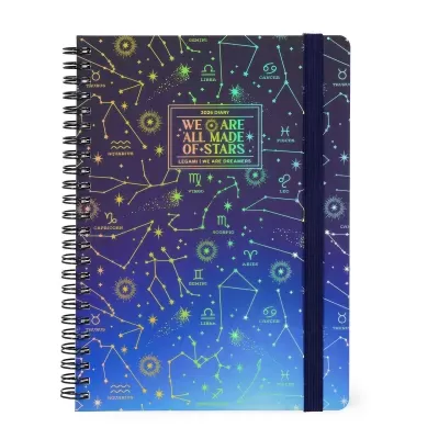 Caderno espiral azul com constelações e texto dourado