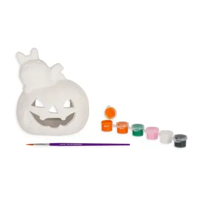Conjunto para pintar abóbora de Halloween em cerâmica branca com pincel e tintas coloridas