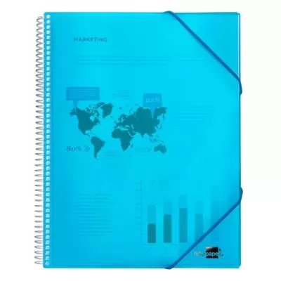 Caderno espiral com capa plástica azul translúcido e elástico de fecho