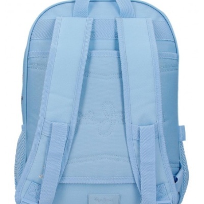 Mochila azul clara vista de costas com alças acolchoadas e redes laterais