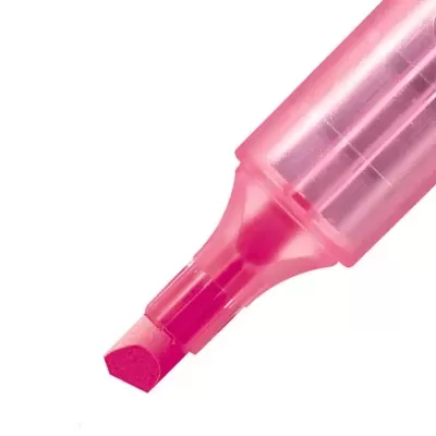 Marcador texto cor-de-rosa com corpo de plástico translúcido e ponta chanfrada
