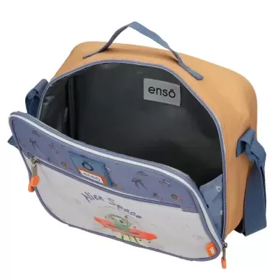 Mala de mão para criança com bolso frontal decorado e interior cinzento