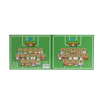 Caixas verdes com campo de futebol e ursos castanhos em camisolas coloridas, marca mr. wonderful e texto WONDER GOL