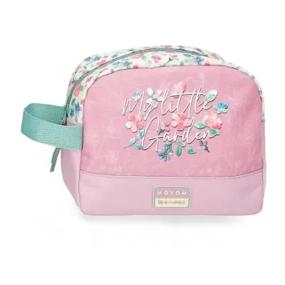 Necessaire rosa com padrão floral e frase decorativa