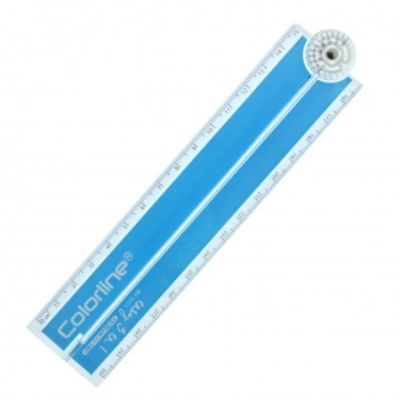 Régua de medição azul e branca com roda giratória e marcas de medição