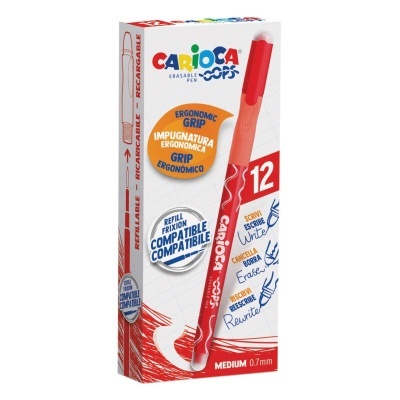 Embalagem de 12 canetas apagáveis vermelhas CARIOCA COPS com pega ergonómica e compatíveis com recargas Frixion.