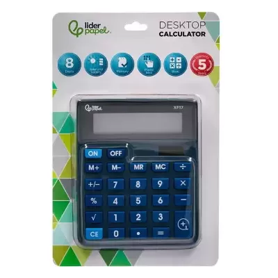 Calculadora de secretária Lider Papel com teclas azuis e visor digital em embalagem blister