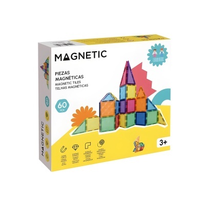 Embalaem branca e amarela com conjunto de peças magnéticas coloridas de construção para crianças a partir de 3 anos.