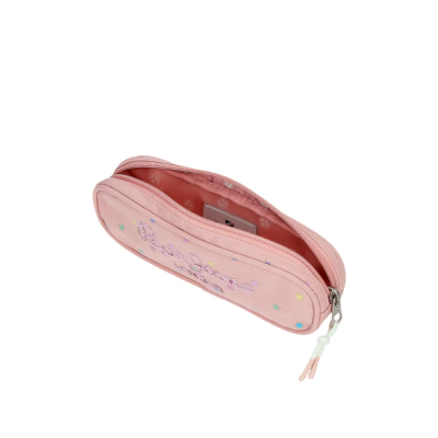 Estojo escolar cor-de-rosa com fecho de correr e decoração de pontos coloridos