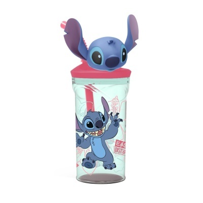 Garrafa plástica com tampa rosa e personagem Stitch 3D na tampa