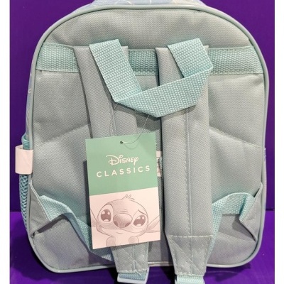 Mochila infantil azul claro com etiqueta Disney Classics e personagem Stitch