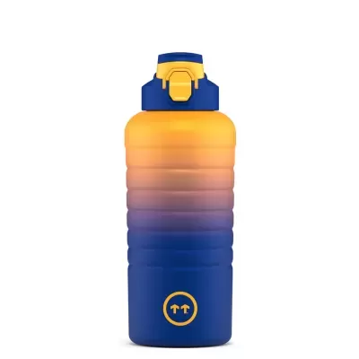 Garrafa desportiva em degradê amarelo a azul com tampa azul e botão amarelo