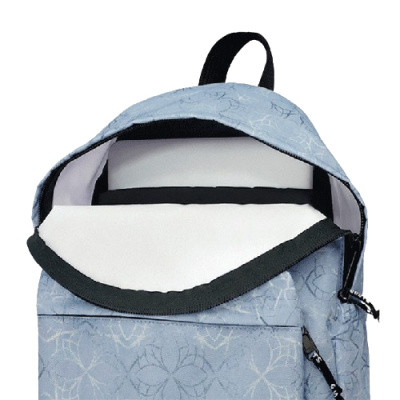 Mochila azul clara com padrão floral aberto mostrando interior e alça preta